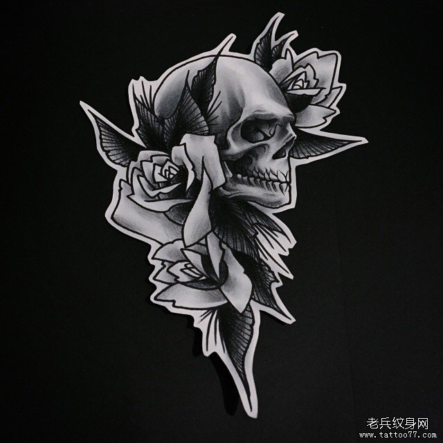 黑灰欧美骷髅玫瑰纹身图案手稿