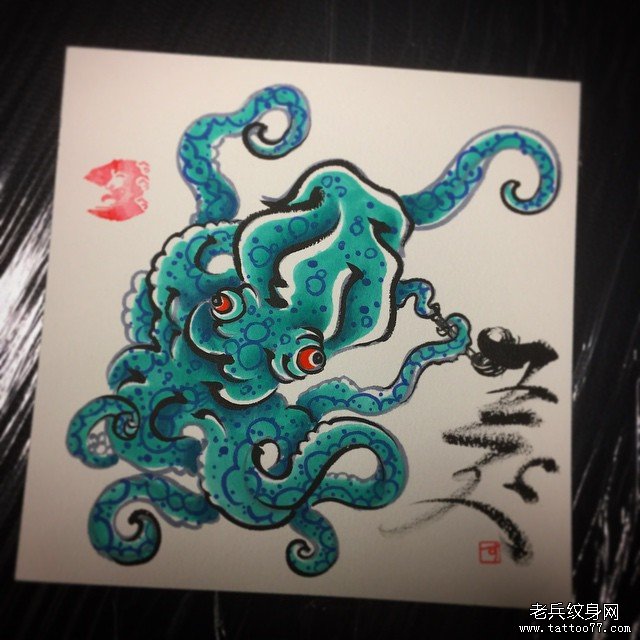 传统彩色章鱼纹身图案手稿