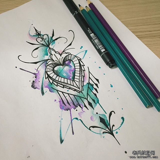 欧美爱心蕾丝点刺纹身泼墨图案手稿