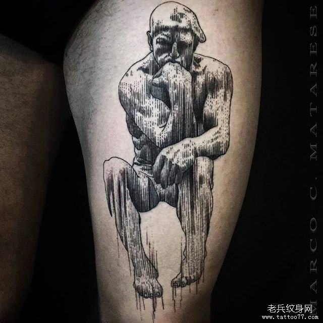 大腿点刺线条人像纹身图案