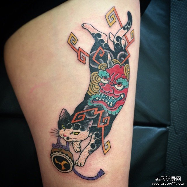 大腿纹身猫纹身日式图案