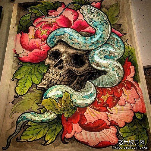 传统牡丹蛇骷髅纹身图案手稿