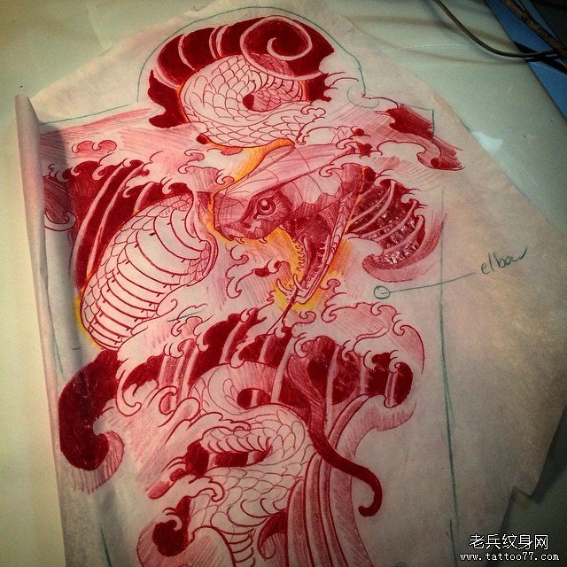 传统蛇纹身图案浪花手稿