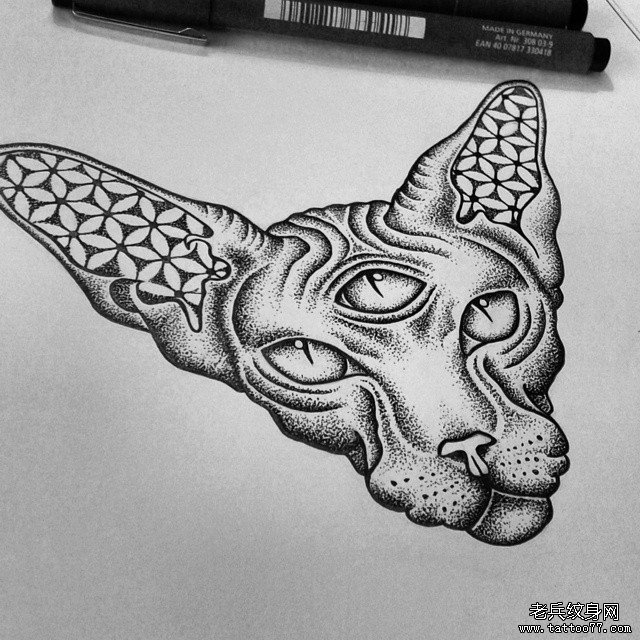 欧美点刺黑灰猫纹身图案手稿