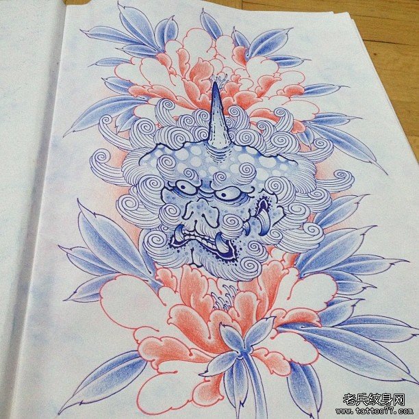唐狮牡丹传统纹身图案手稿