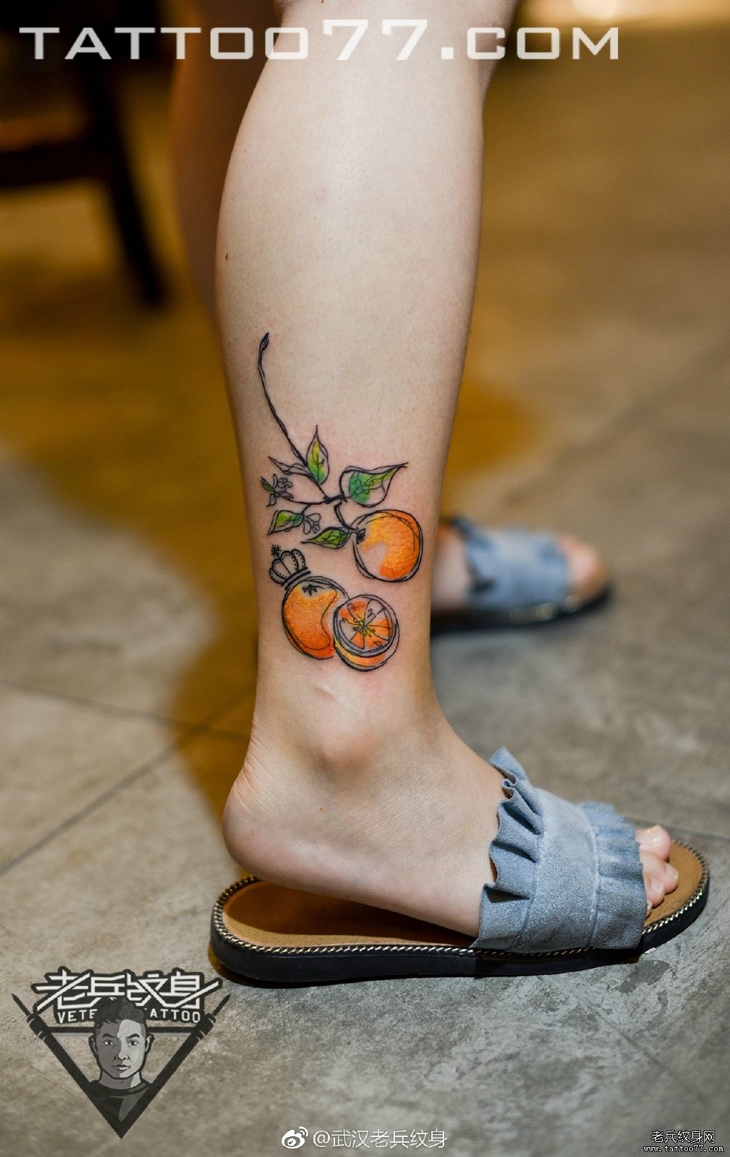 腿部橙子纹身图案作品