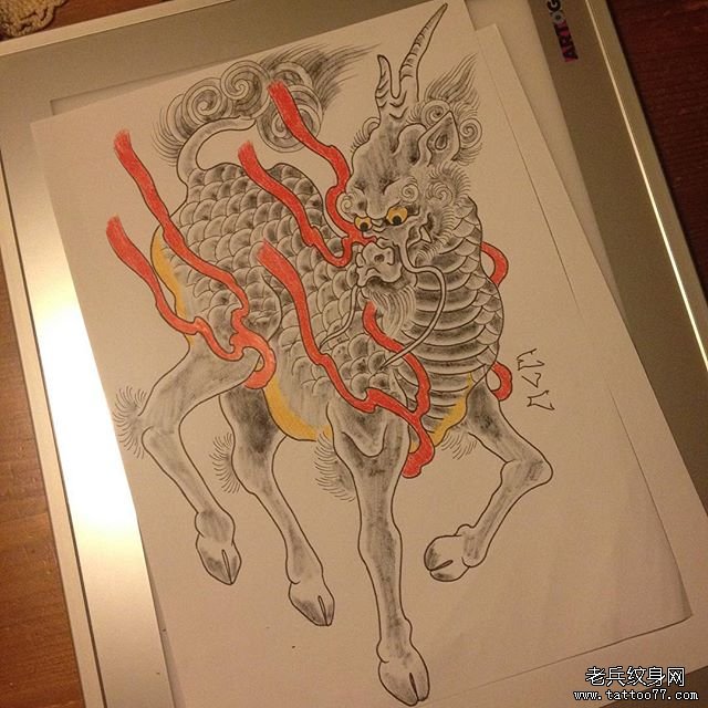 传统麒麟火焰纹身图案手稿