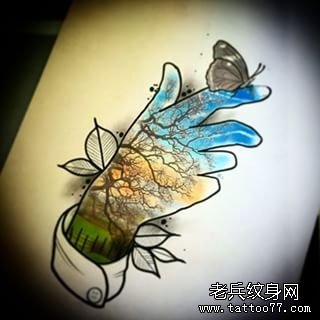 彩色手树叶欧美纹身图案手稿
