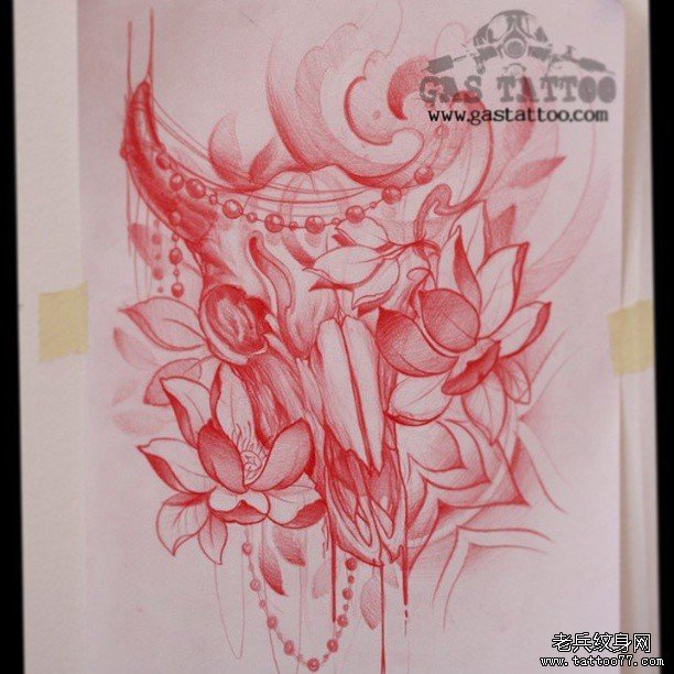 羚羊骷髅莲花纹身图案手稿