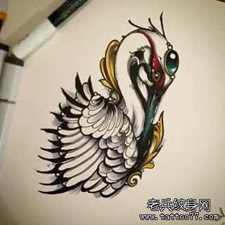 欧美school彩色鹤纹身图案手稿