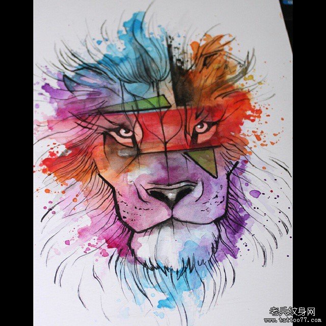 泼墨彩色欧美狮子纹身图案手稿