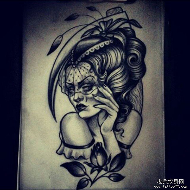 欧美黑灰女郎玫瑰纹身图案手稿