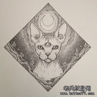 欧美猫月亮点刺纹身图案手稿