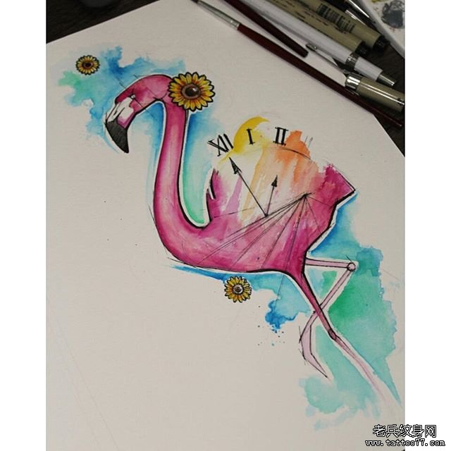 欧美火烈鸟泼墨彩色纹身图案手稿