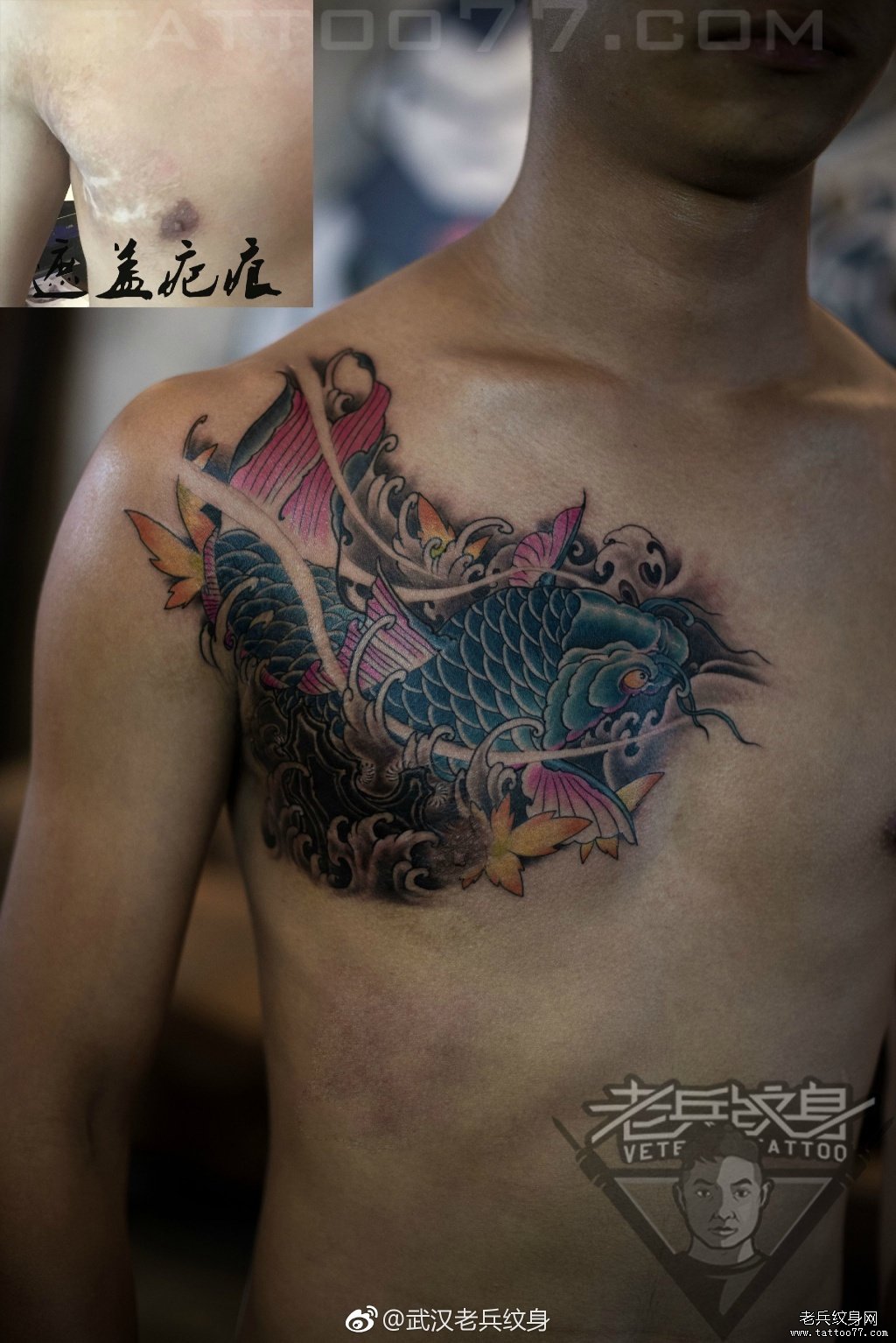 胸部鲤鱼遮盖纹身图案作品