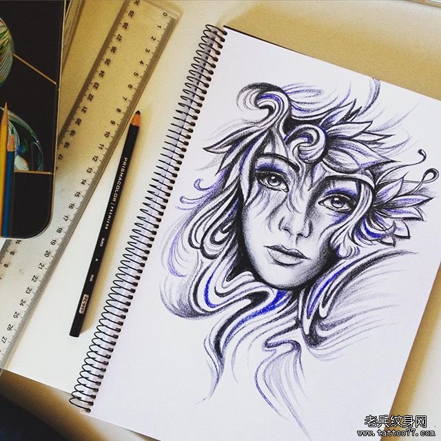 欧美黑灰肖像女郎纹身图案