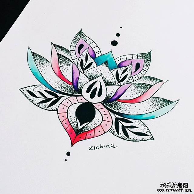 小清新彩色蕾丝点刺莲花纹身图片