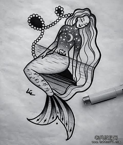小清新美人鱼黑灰星空纹身图片