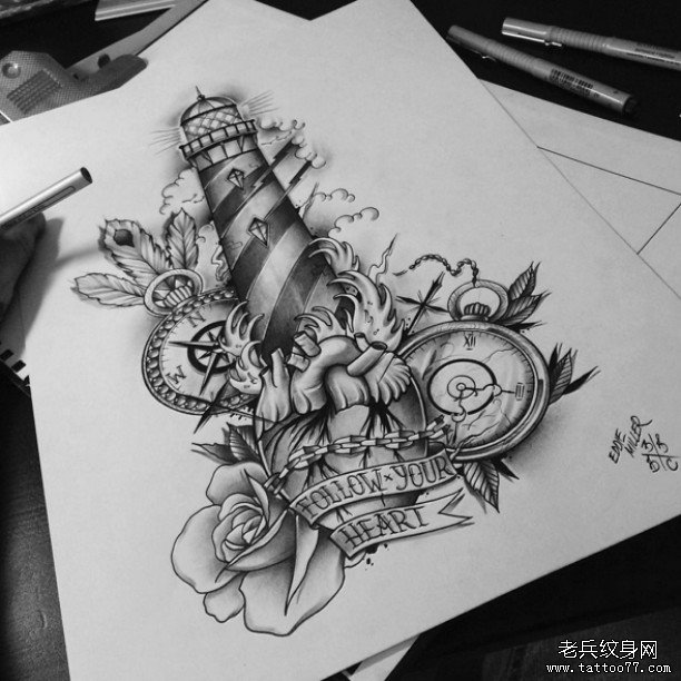 欧美黑灰灯塔纹身图片