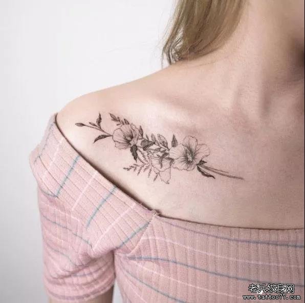 锁骨素描花藤纹身图案