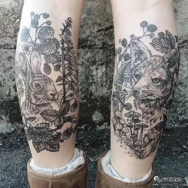 腿部兔子点刺花藤纹身图案