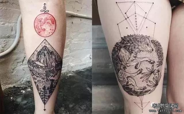 腿部点刺风景动物纹身图案