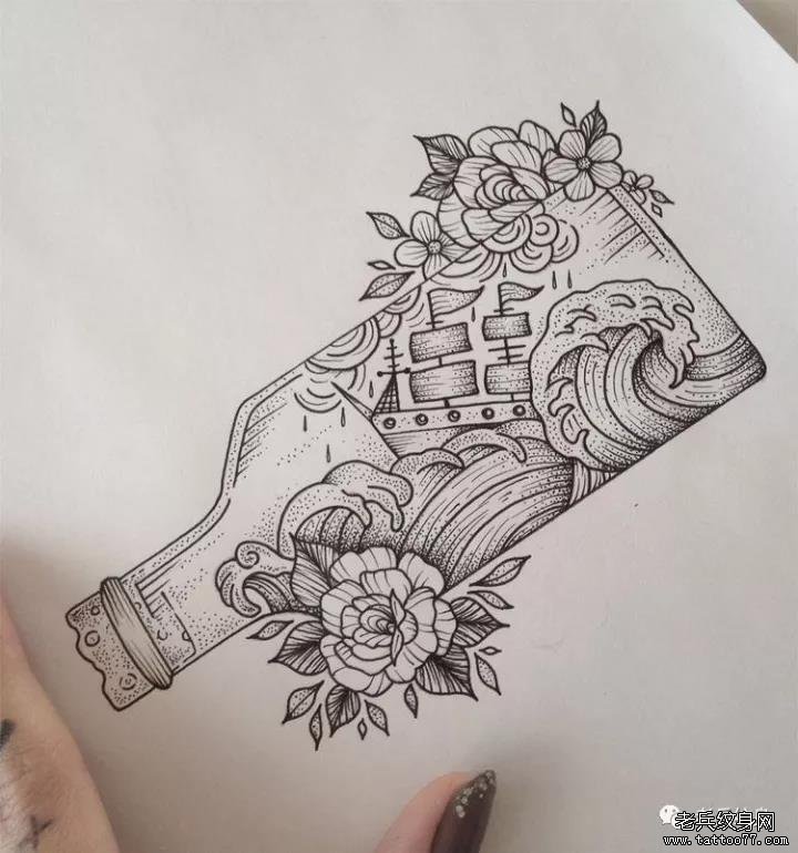 手臂点刺漂流瓶纹身图案