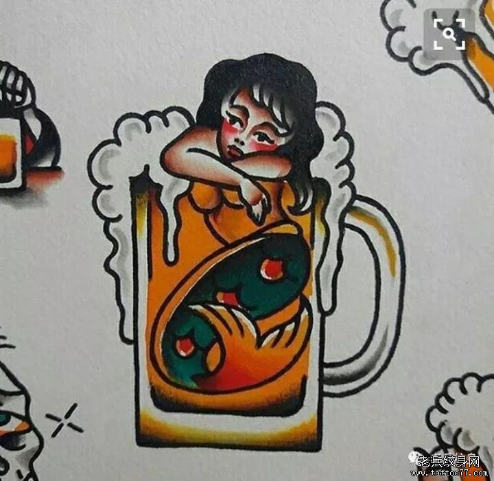 school啤酒杯子女郎纹身图案