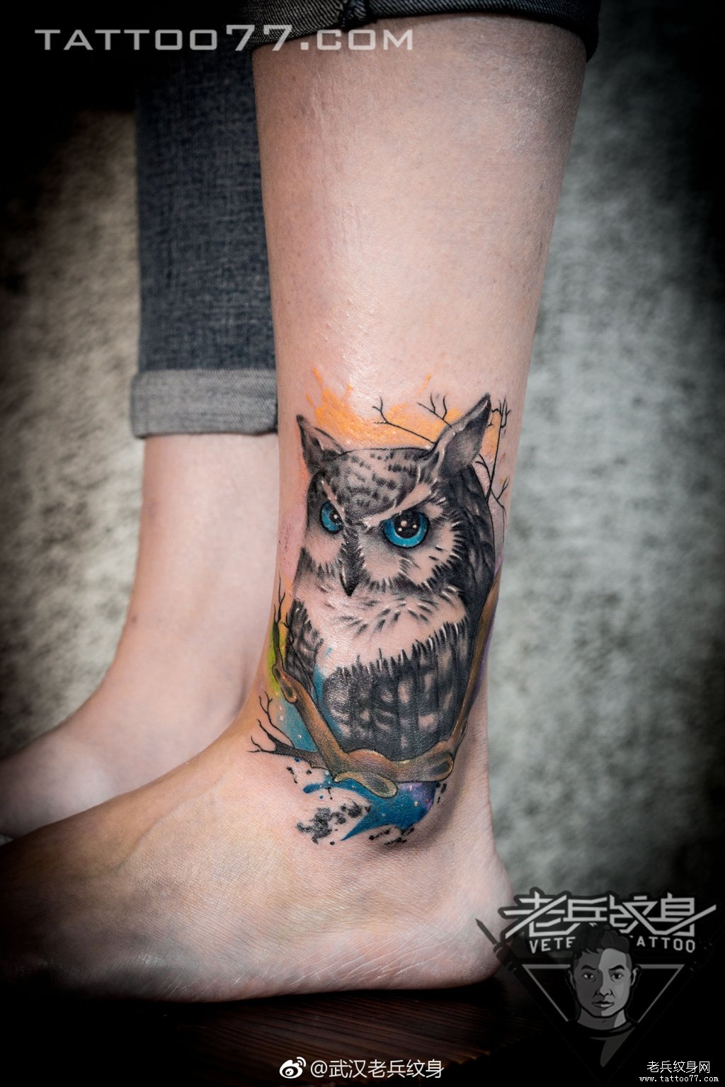 脚踝猫头鹰纹身图案作品