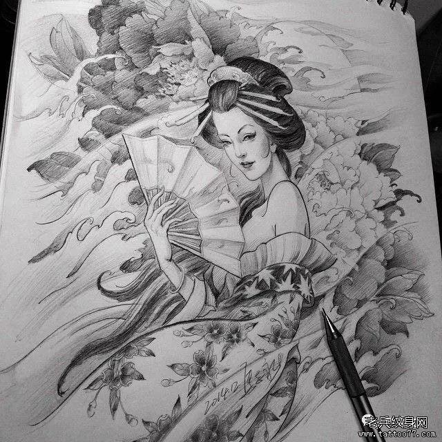 艺妓牡丹扇子纹身图案