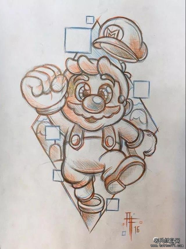 素描超级玛丽纹身图案