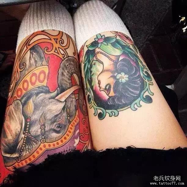 腿部大象纹身图案
