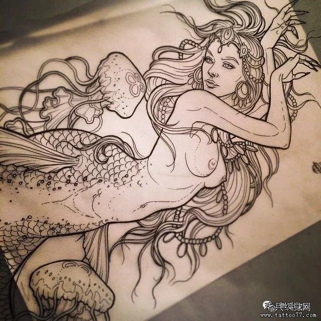 美人鱼线条纹身图案