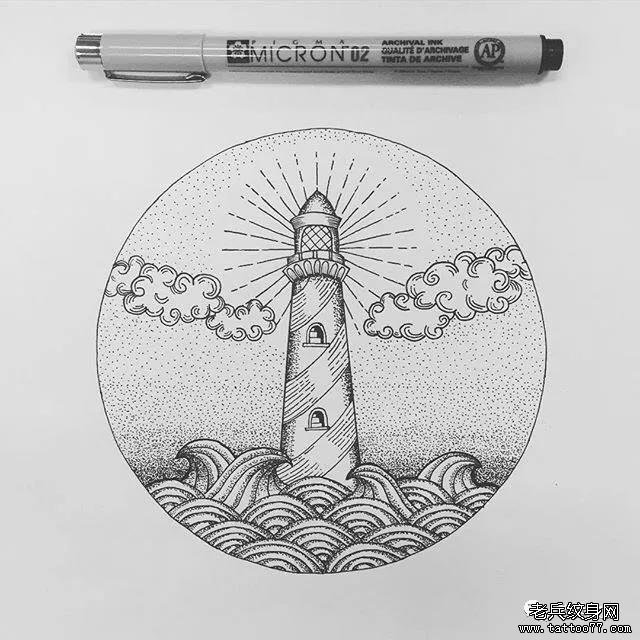 浪花灯塔点刺云纹身图案