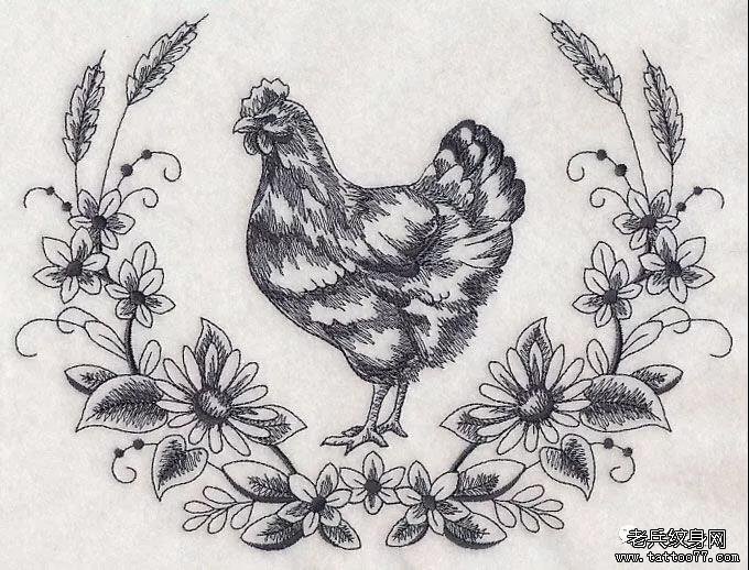 公鸡花藤线条纹身图案