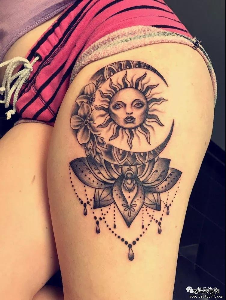 腿部点刺太阳月亮花藤纹身图案