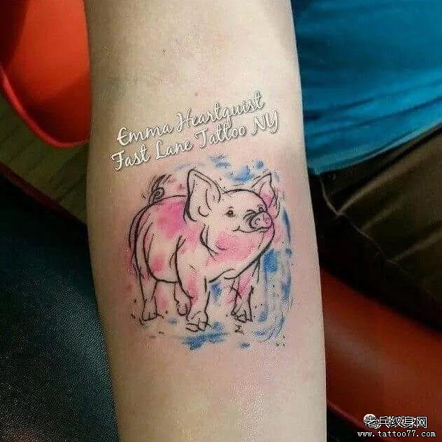 手臂水彩小猪纹身图案