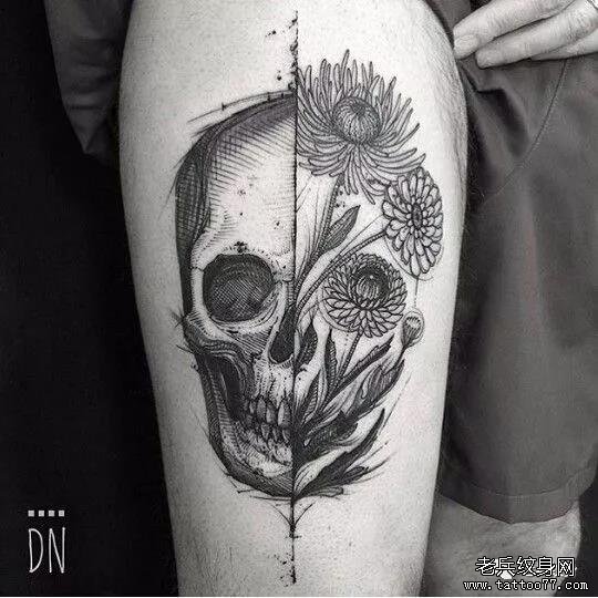 手臂素描排线花藤骷髅纹身图案