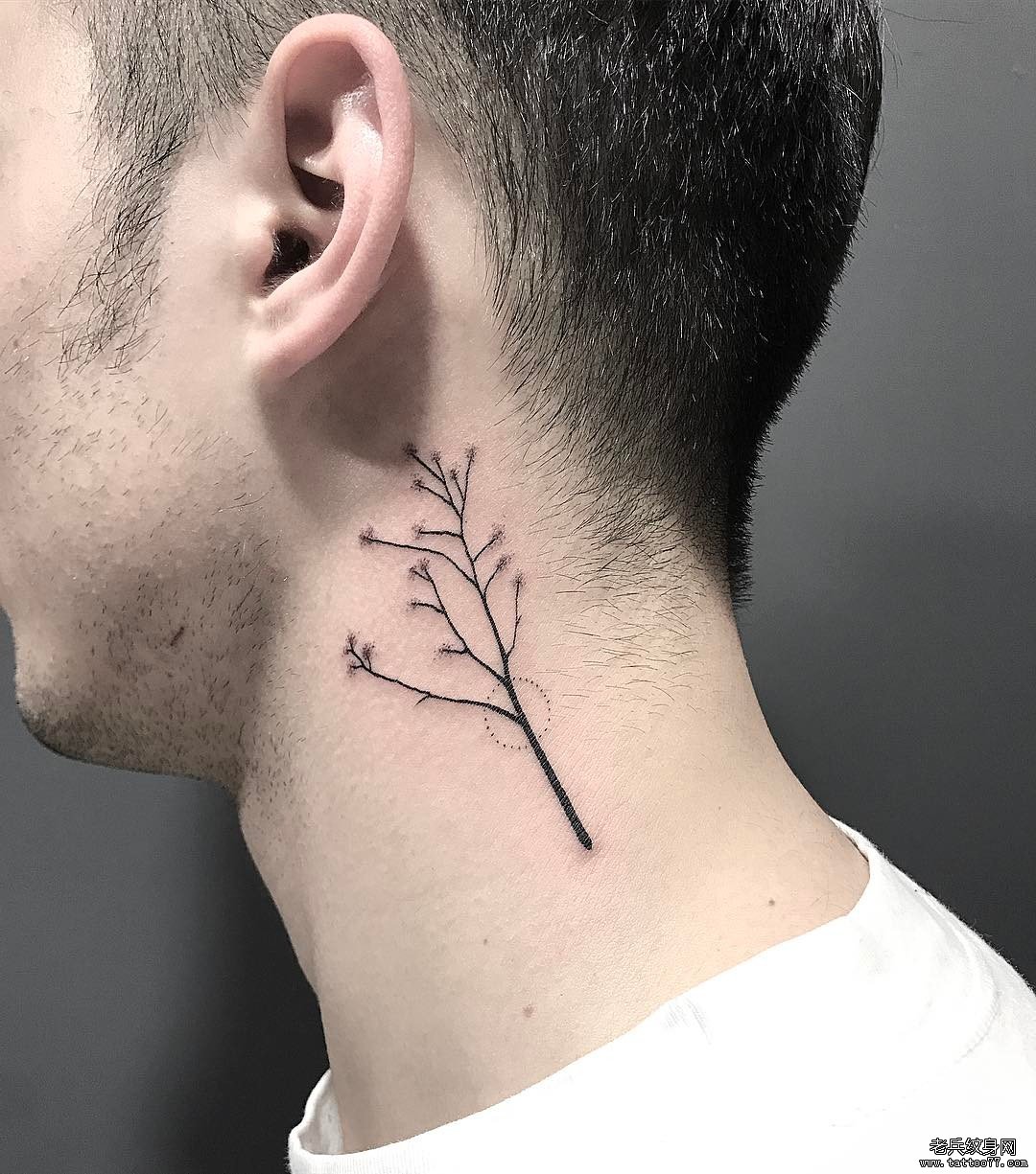 树枝线条点刺脖子纹身图案