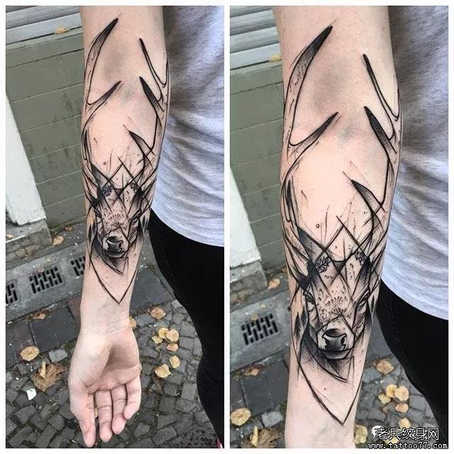 手臂排线素描鹿头纹身图案