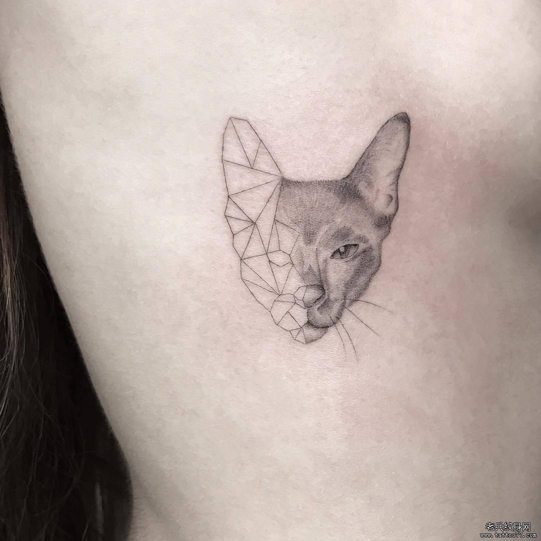 抽象几何黑灰猫咪侧腰纹身图案
