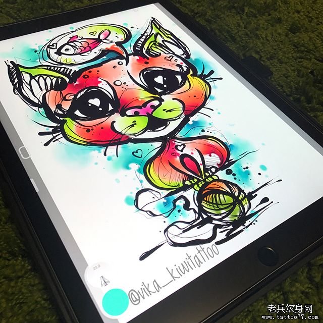水彩卡通小猫咪纹身图案