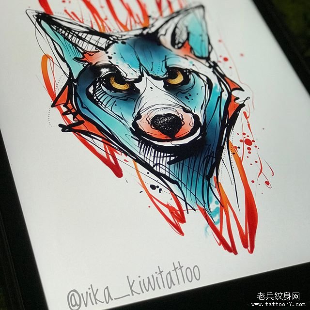 水彩狼头纹身图案