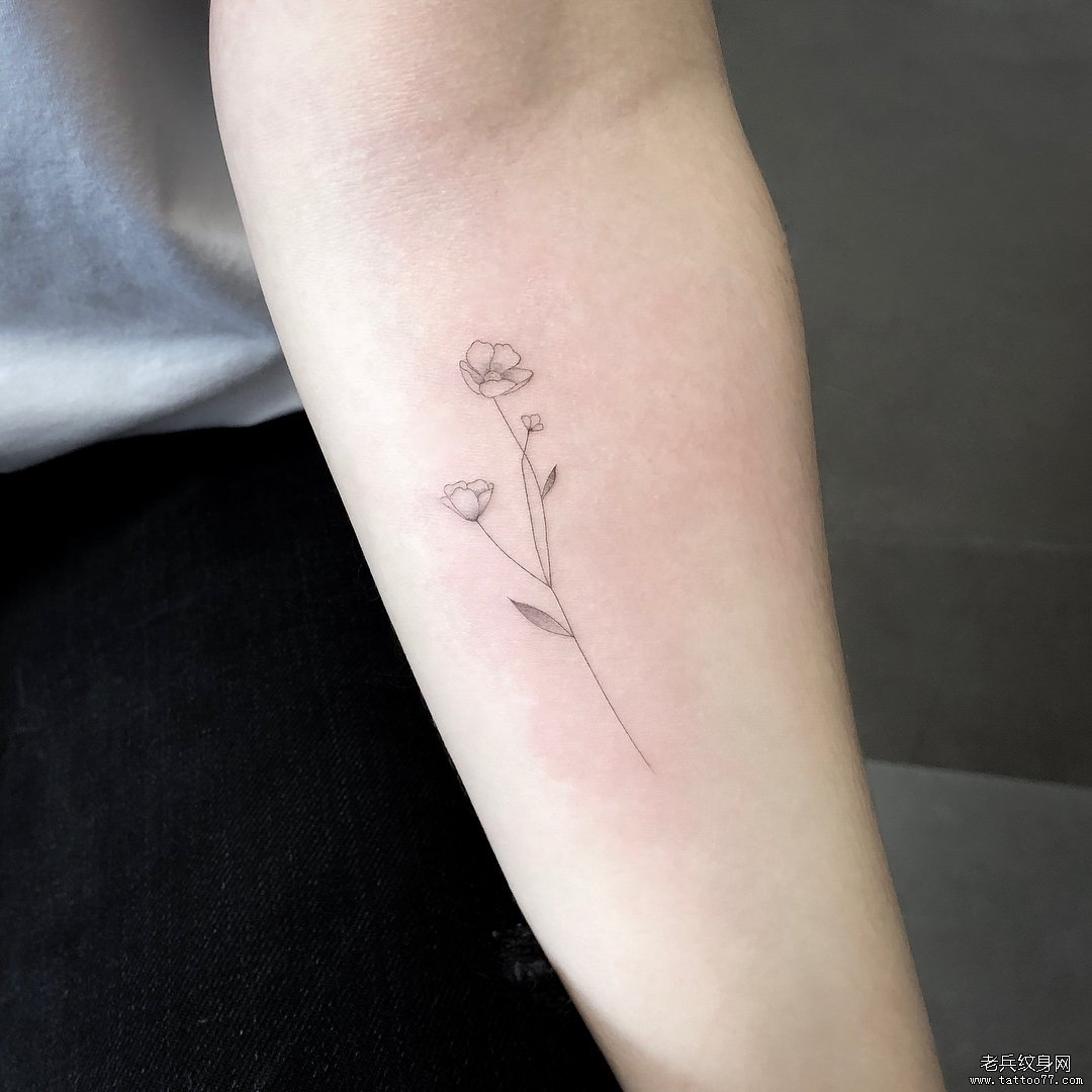 线条黑灰花朵小臂纹身图案