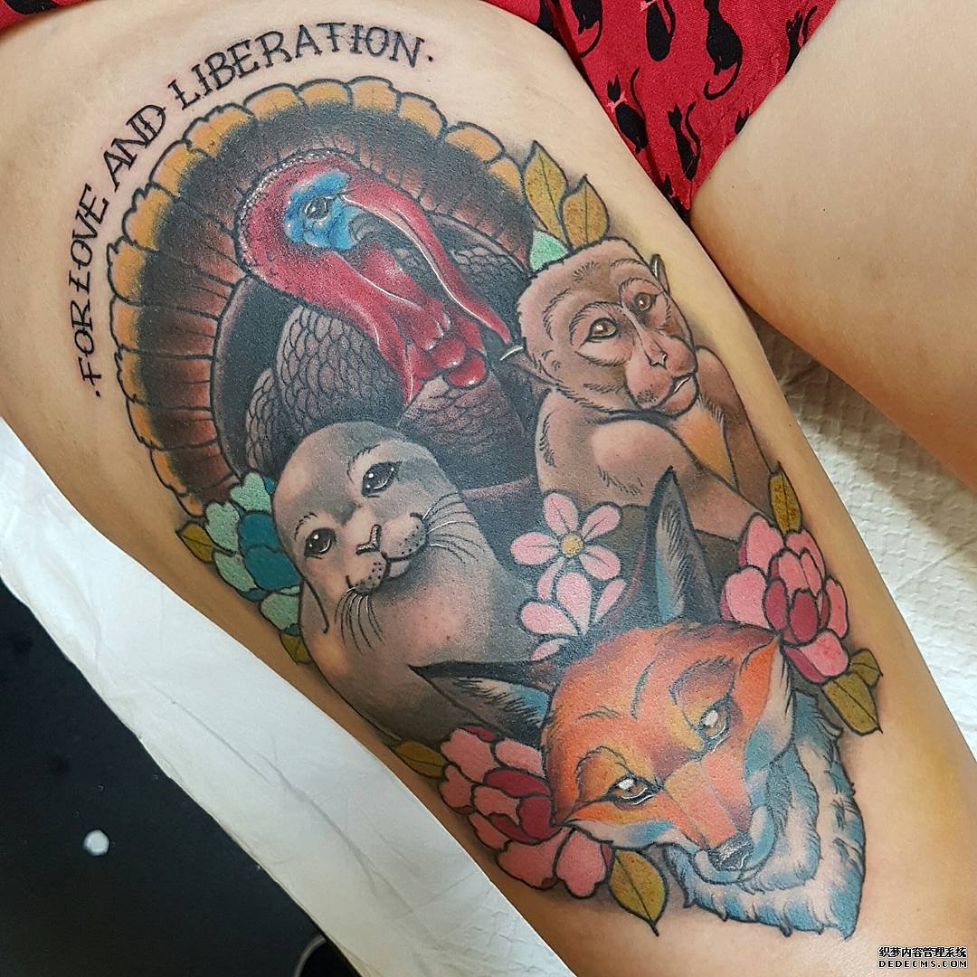 色彩海豹猴狐狸孔雀大腿纹身图案