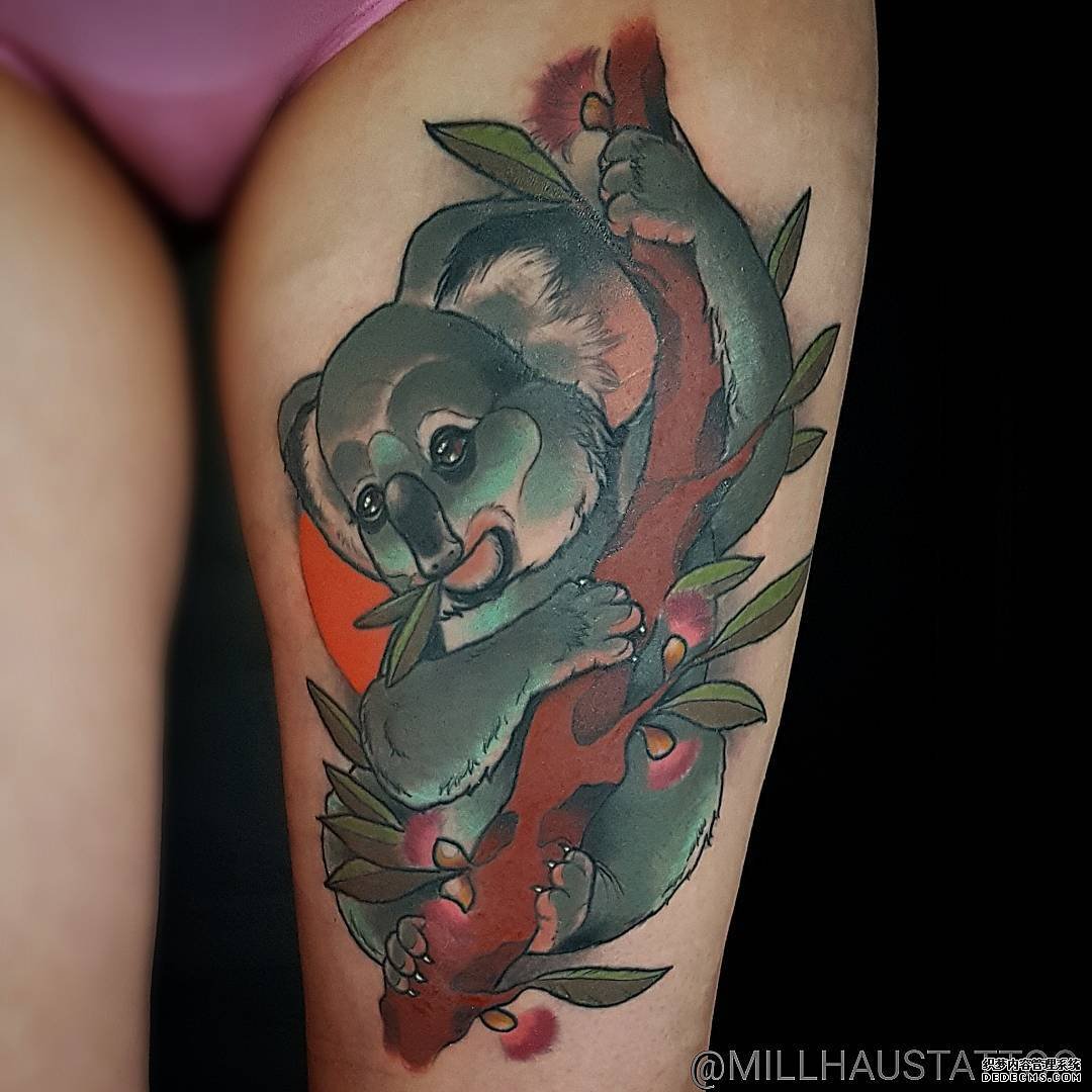 色彩考拉大腿纹身图案