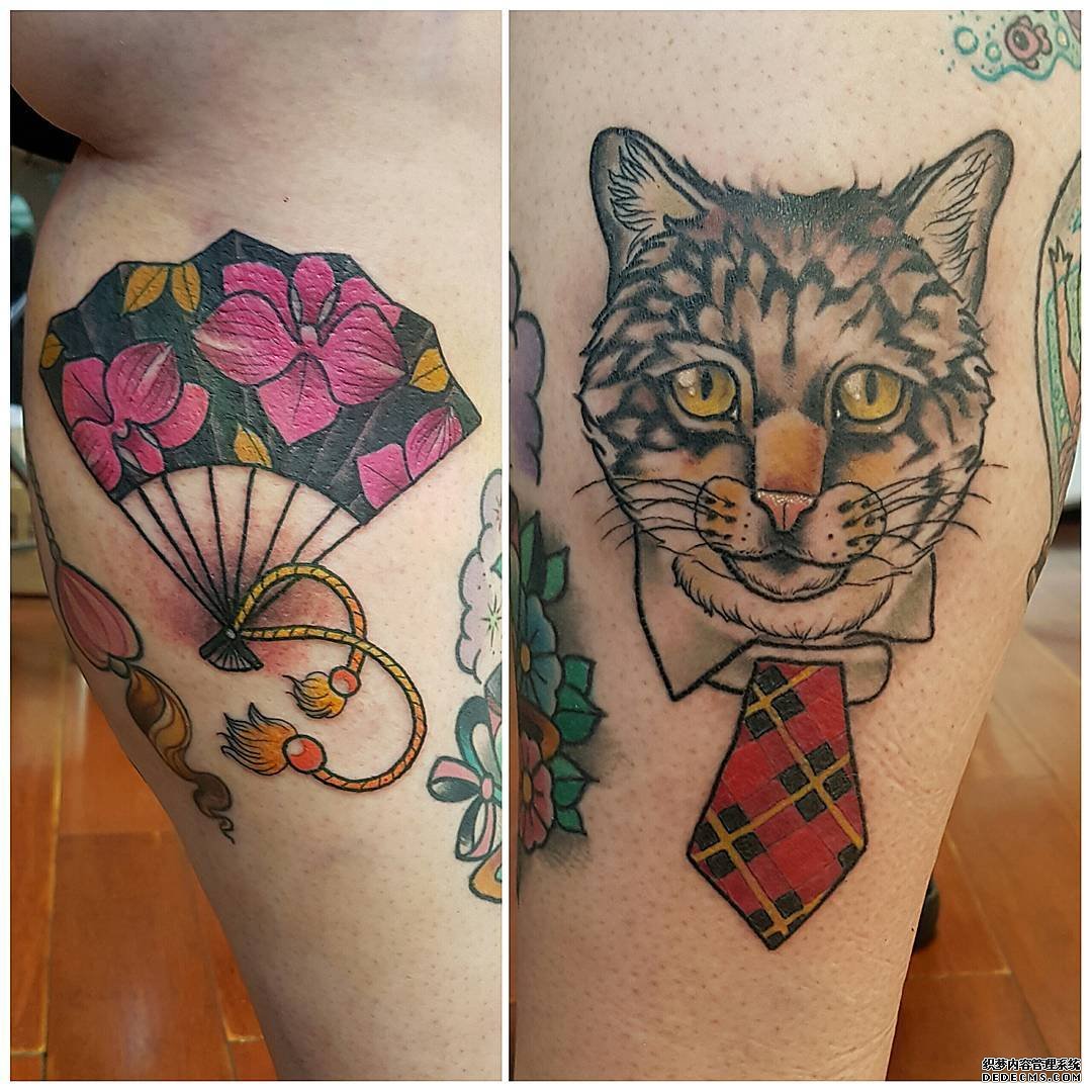 扇子猫咪文身图案