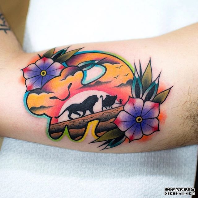 色彩花朵狮子王夕阳手臂文身图案