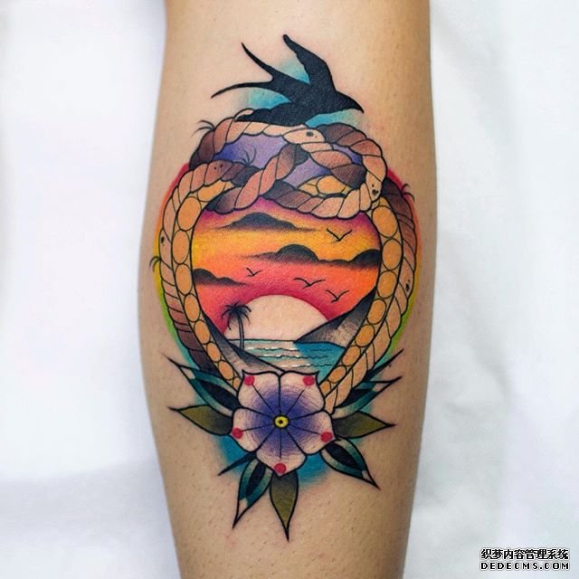 色彩麻绳花朵海燕风景纹身图案