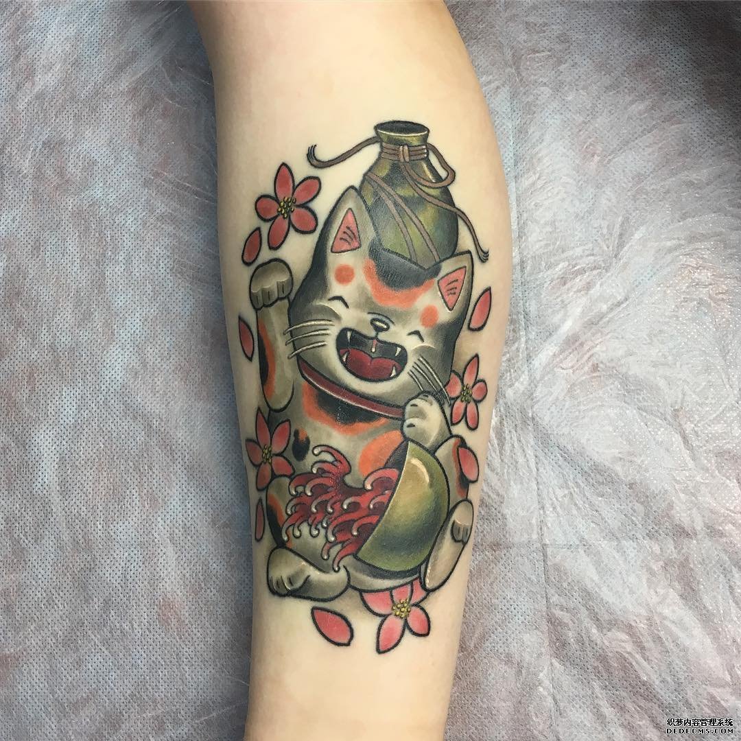 色彩猫咪樱花小臂纹身图案